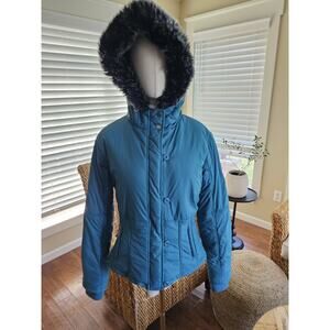 Triple Five Soul Hooded Ski Jacket Women's Size L Blue Vintage Faux Fur